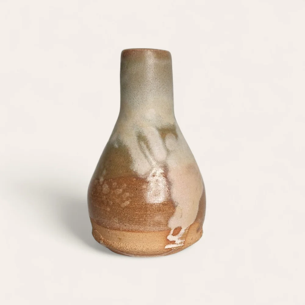 Studio Artisan Handmade Pottery Vase Brown Beige Earthenware Drip Glaze 5 Inches